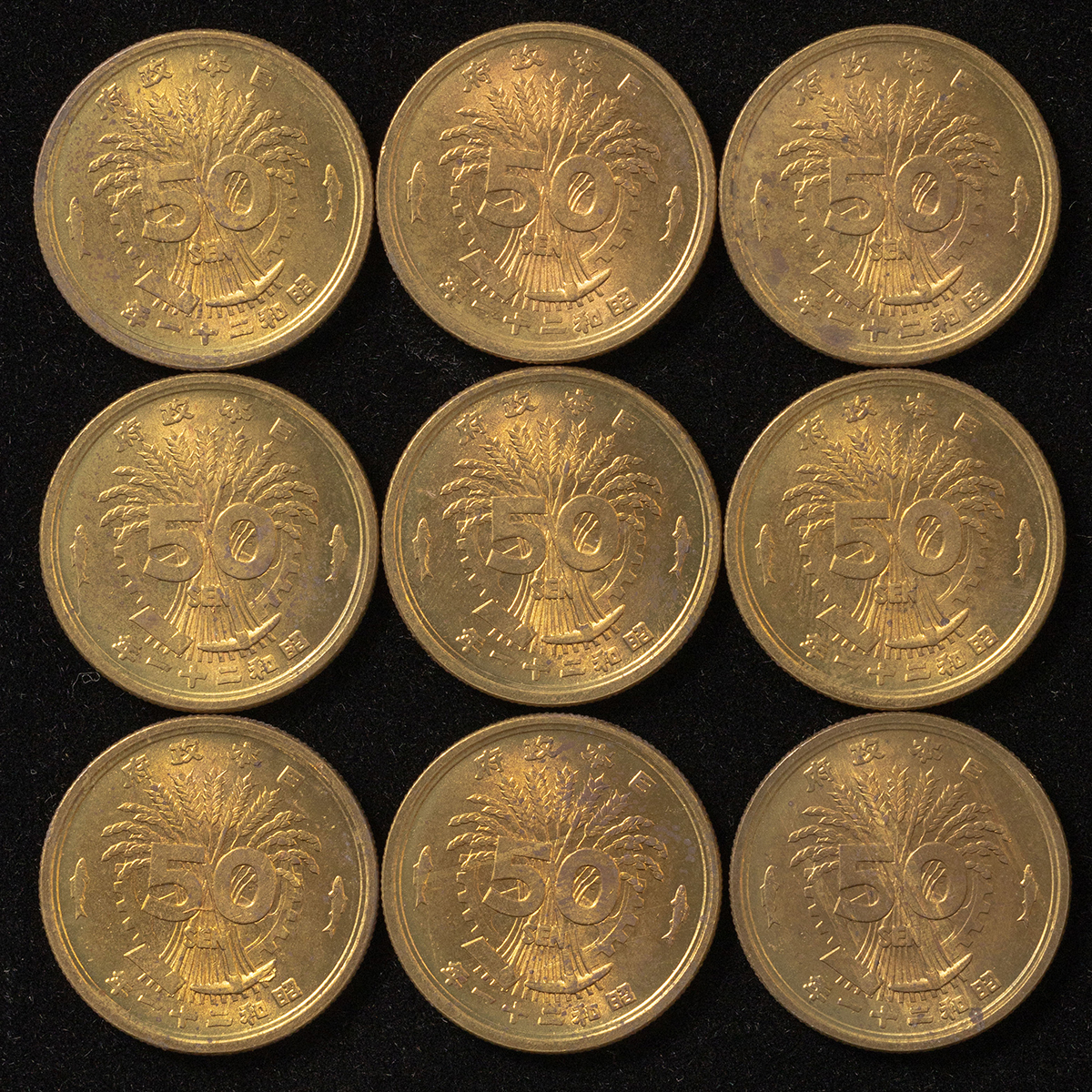 貨幣博物館 | 大型50銭黄銅貨（光線入）（昭和21年）9枚 返品