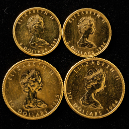 カナダ　メイプルリーフ金貨1/4OZ 2枚・1/10OZ 2枚　計4枚　純金合計約21.87ｇ  