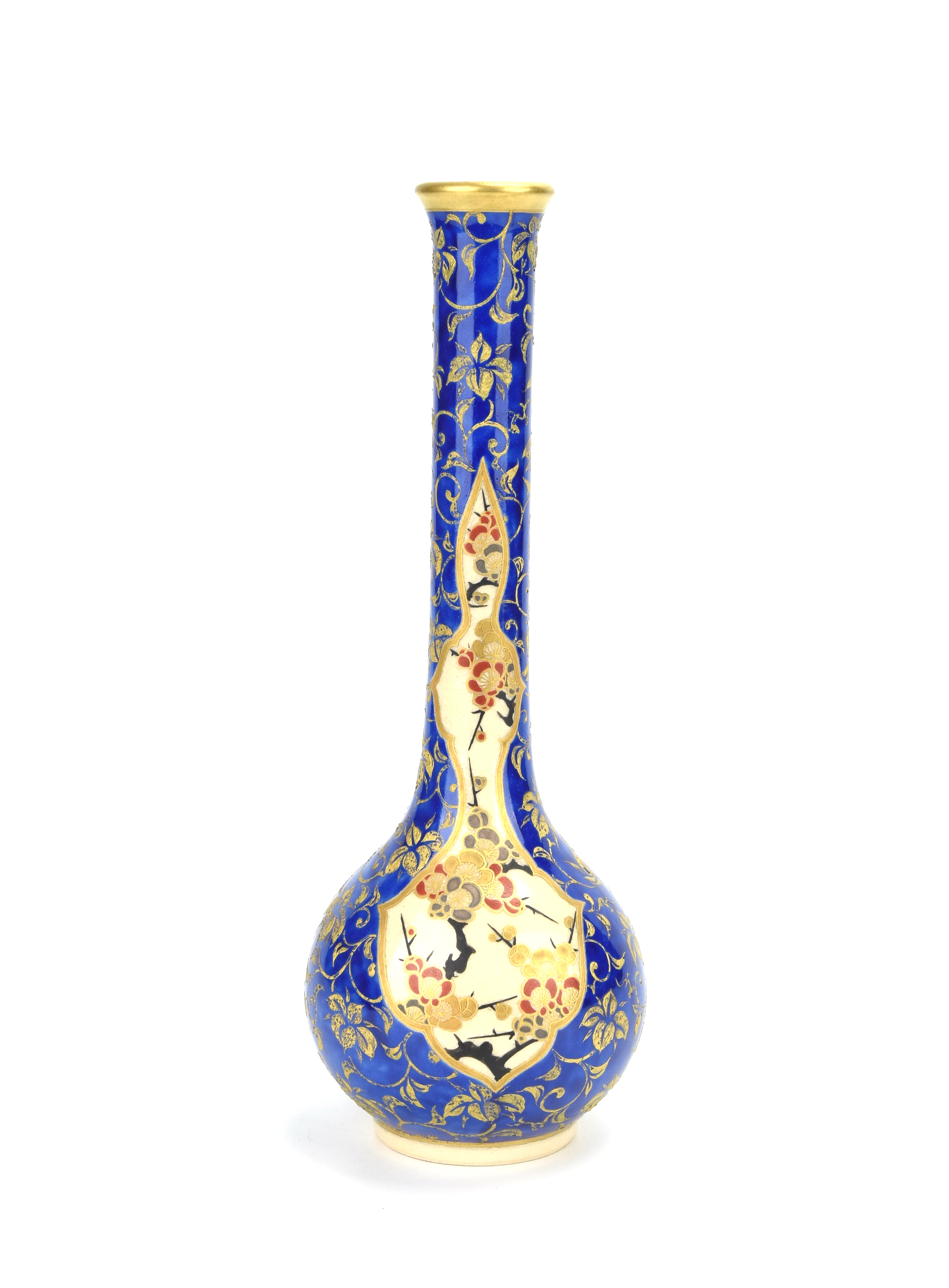 日本伝統』薩摩焼 金彩色絵松鷹花鳥紋 花瓶【高26cm】煎茶道具 骨董