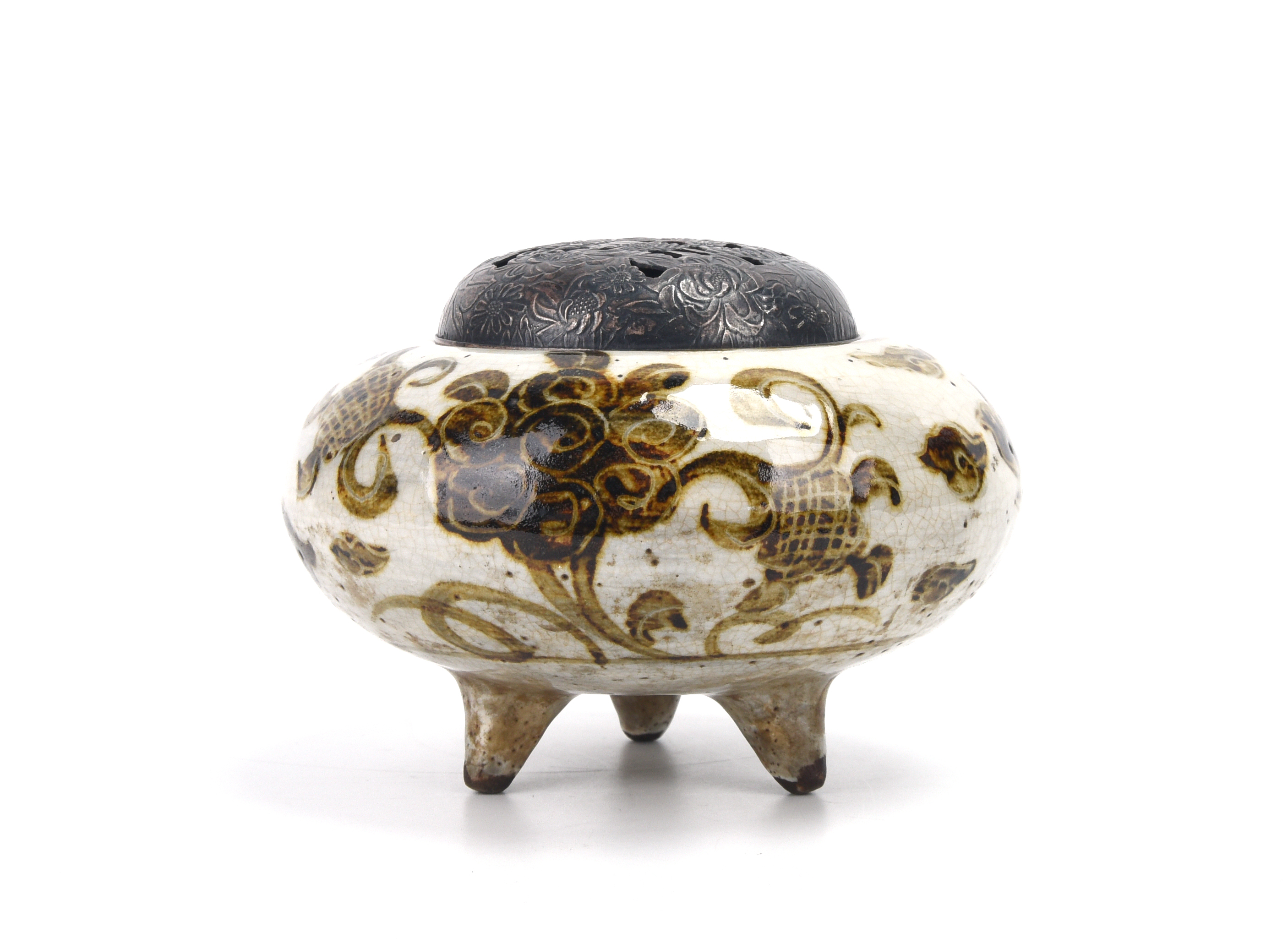 貨幣博物館 | 青木木米造唐草紋香炉 花草紋銀火屋付 青木木米