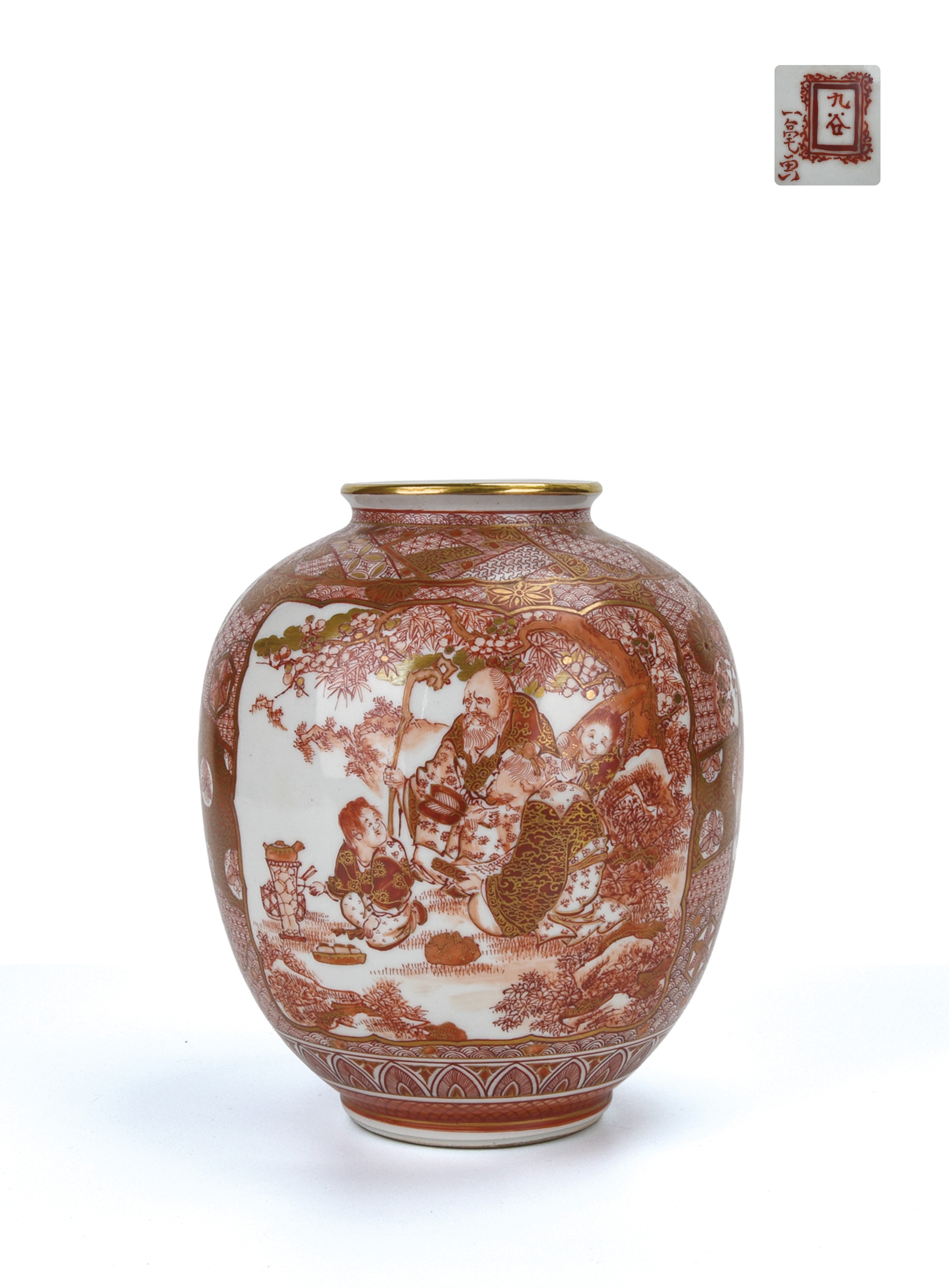 貨幣博物館 | 浅井一毫画赤絵人物花鳥風景図九谷焼花瓶 返品不可 Sold