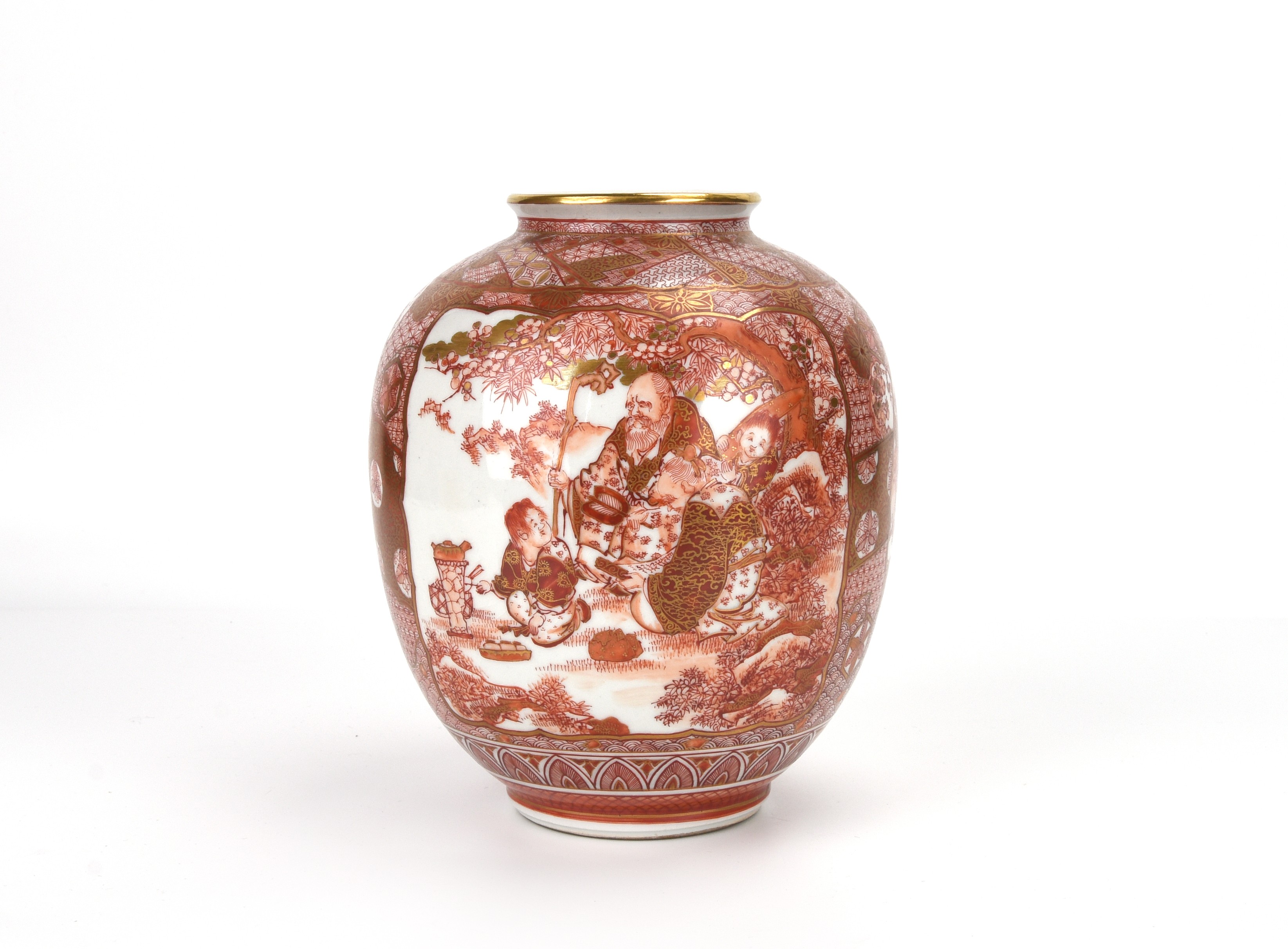 貨幣博物館 | 浅井一毫画赤絵人物花鳥風景図九谷焼花瓶 返品不可 Sold