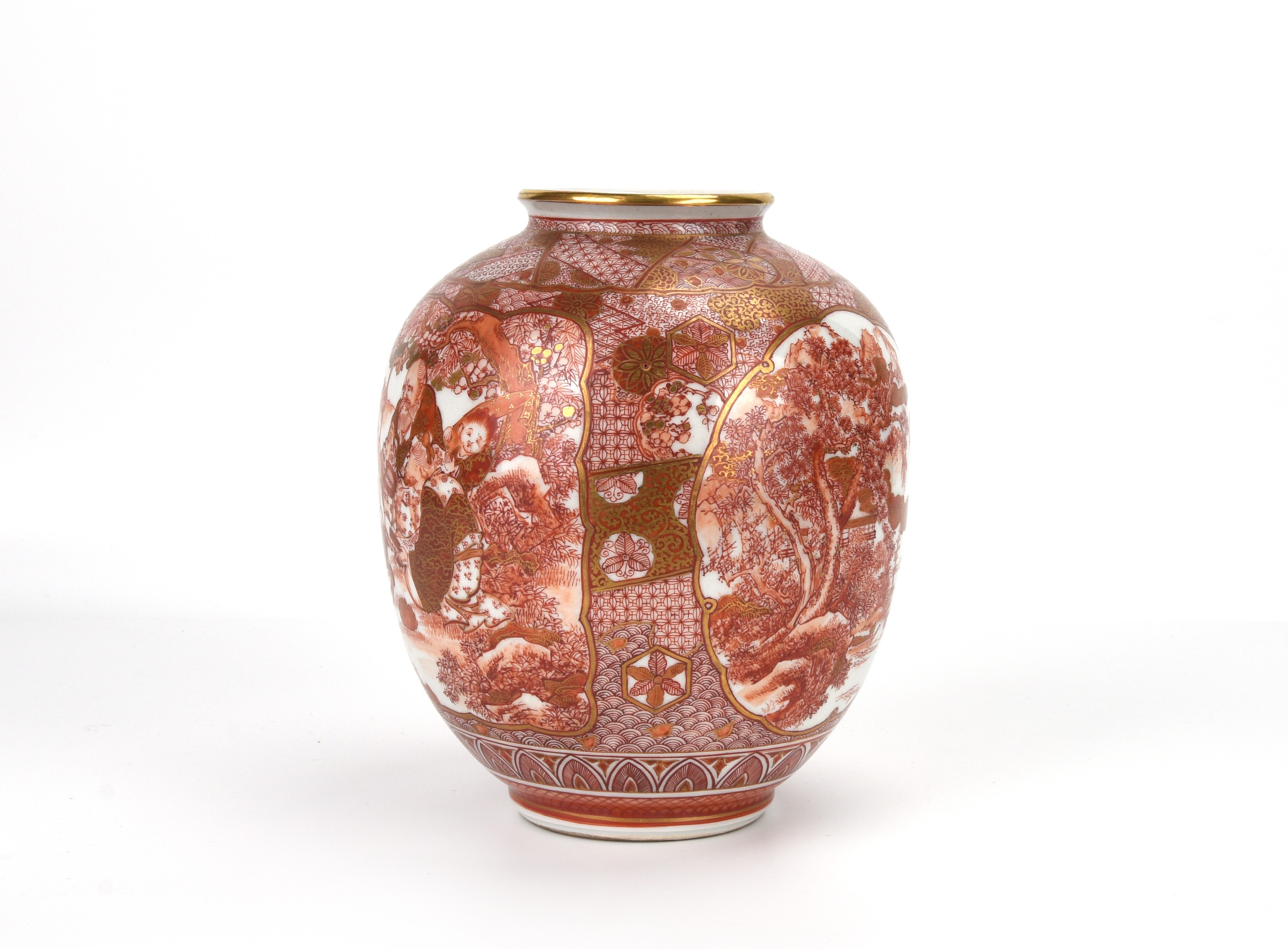 貨幣博物館 | 浅井一毫画赤絵人物花鳥風景図九谷焼花瓶 返品不可 Sold