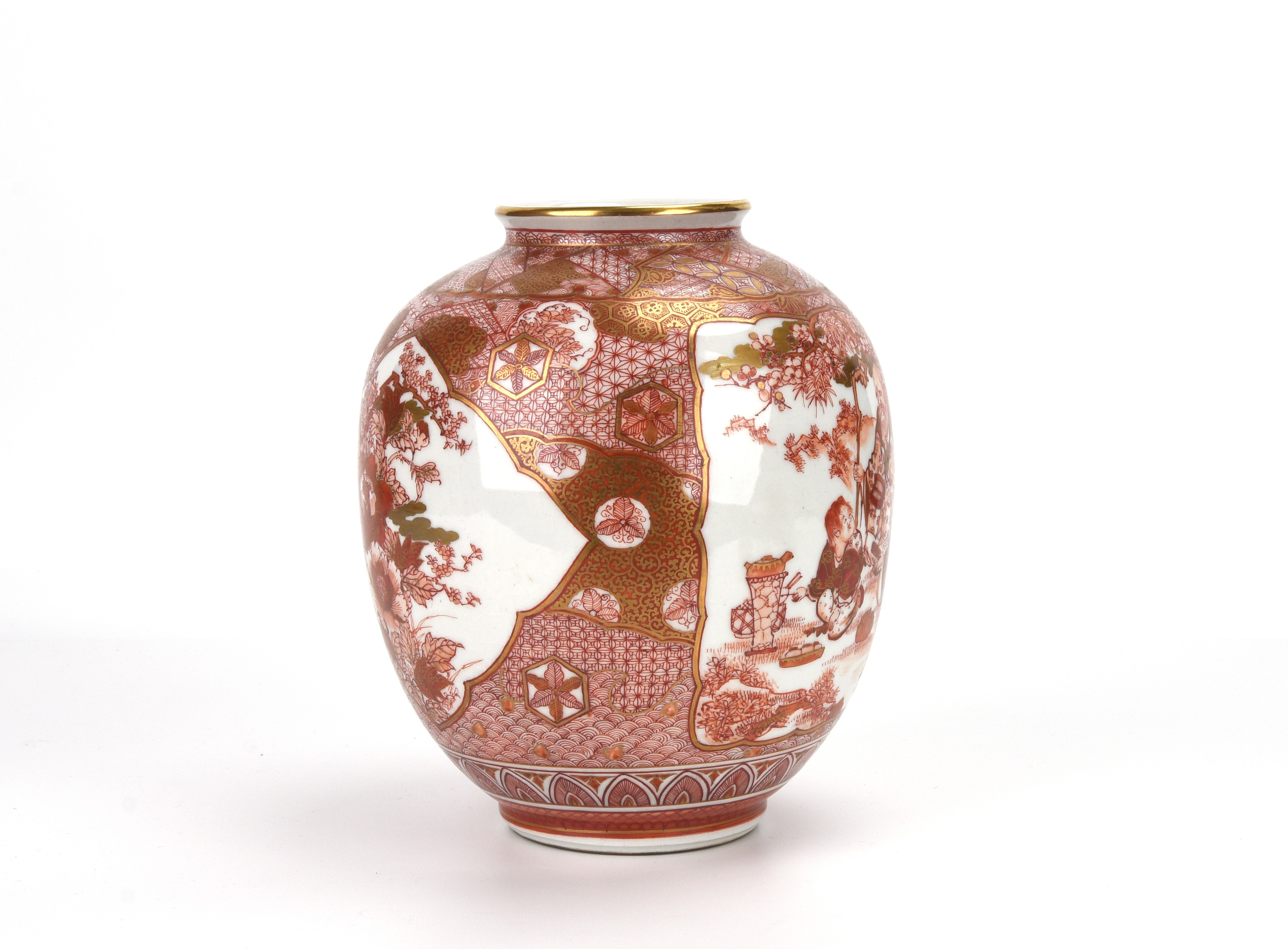 貨幣博物館 | 浅井一毫画赤絵人物花鳥風景図九谷焼花瓶 返品不可 Sold