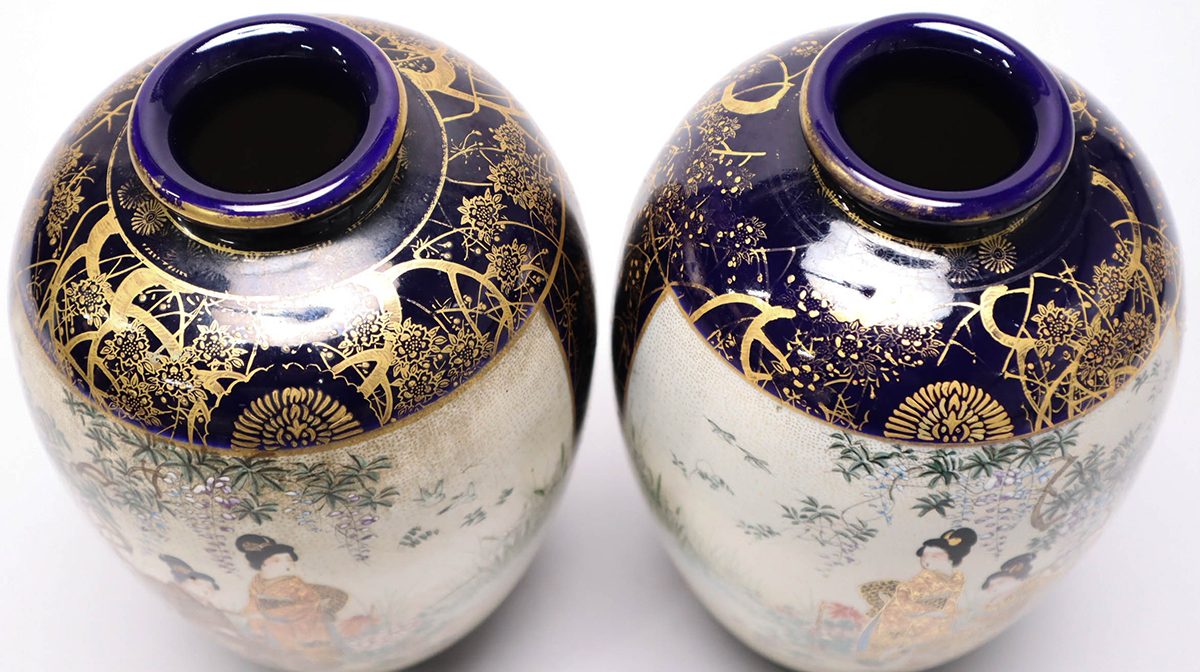 明治時代 薩摩焼「美人図小花瓶」楠部銘 箱付 花瓶 古玩 色絵 花器 古美術 貨幣博物館 | 薩摩瑠璃秞美人図花瓶一対（楠部製）（明治時代